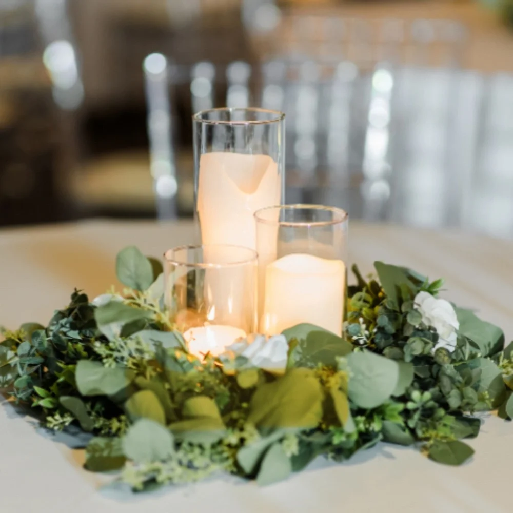 Elegant Green Eucalyptus Wreath with Glass Candle Holders - Home Party Supplies